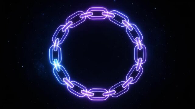 Glowing neon chain links forming a circular loop on black background