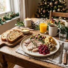 Festive Boxing Day brunch with leftover turkey, cranberry, and rustic sourdough toast,