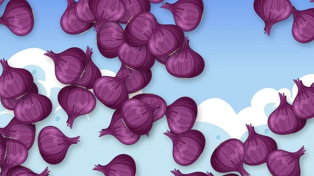 Animated Red Onions Falling Against a Blue Sky with Clouds