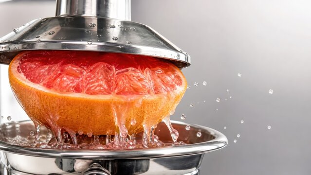 A juicer efficiently extracts refreshing juice from half of a ripe grapefruit in the kitchen, ready to be enjoyed in a glass