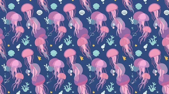 Seamless pattern of pink jellyfish and seashells on a blue background