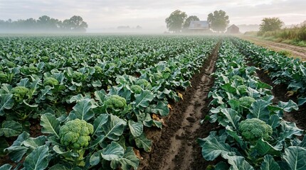 Fototapeta premium Vast field of fresh broccoli plants growing in neat rows under a misty morning sky with farm buildings in the distance