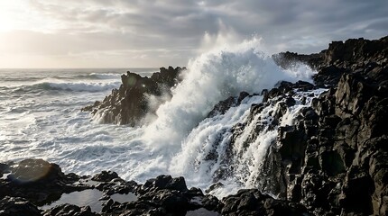 Fototapeta premium Powerful ocean waves crashing against dark volcanic rocks at sunset