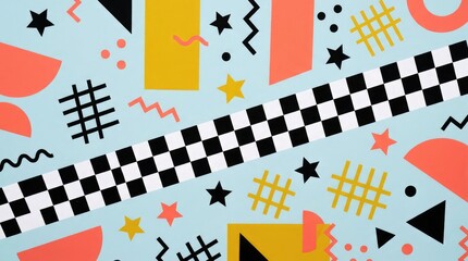 Obraz premium Abstract Memphis Geometric Pattern with Checkerboard on Light Blue