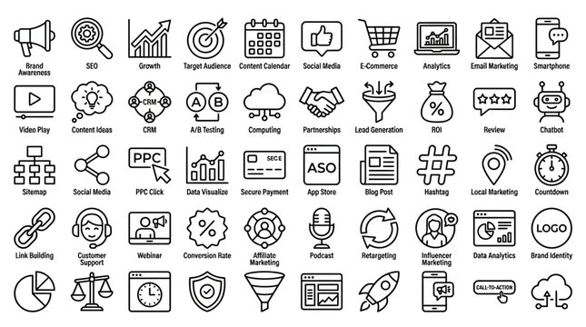 Digital Marketing Icons Set: SEO, Social Media, PPC, Analytics, Email, E-commerce, Growth