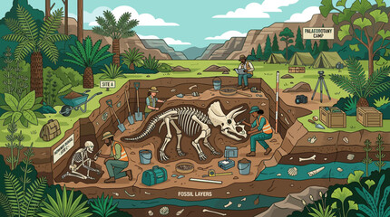 Dinosaur excavation site with paleontologists digging up fossils in a prehistoric landscape © Rizky
