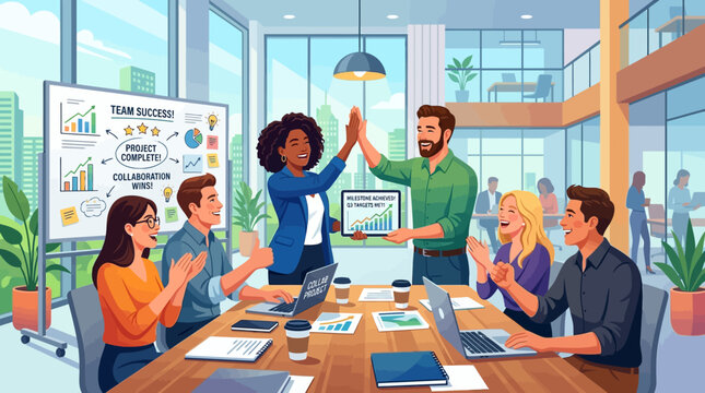 Diverse business team celebrating success with high five in modern office meeting room
