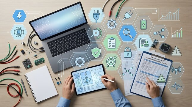 Electrical engineering workflow with laptop, tablet and components