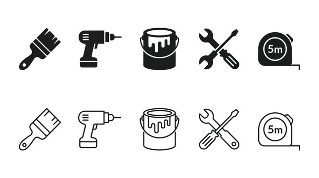 Minimalist vector construction tool icons set featuring paintbrush, drill, paint can, wrench screwdriver, and tape measure in filled and outlined styles for home improvement design