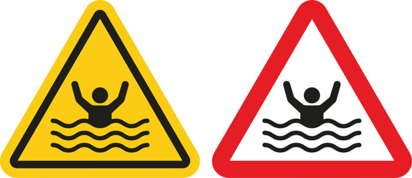 Deep Water Drowning Warning Sign Set with Yellow and Red Triangular Caution Vectors for Beach, Pool, Safety Regulations, and Public Area Notices