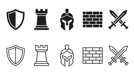 Minimalist vector defense icons set featuring shield, rook chess piece, warrior helmet, brick wall, and crossed swords in filled and outlined styles for strategy design © Stockify
