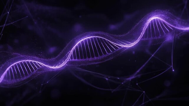Abstract digital representation of a glowing purple DNA double helix strand
