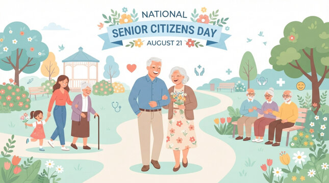 Celebrating senior citizens day with elderly individuals enjoying park activities with depicts cheerful illustration supportive family members