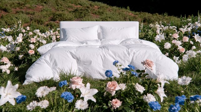 White bed mattress with pillows and bedding outdoor surrounded by summer blooming flowers and green grass