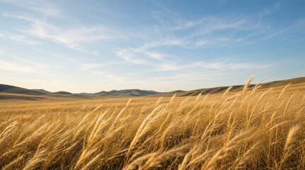 Obraz premium Golden wheat malt fields with a mountain view.