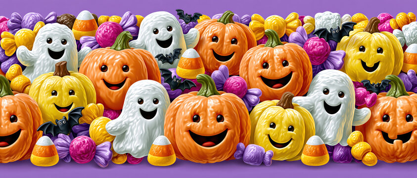 Seamless border of smiling pumpkin and ghost candy on purple background for halloween decoration, festive pattern with autumn fruit, bat, and candy corn