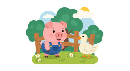 Fototapeta premium Cute cartoon pig in overalls and a white duck on a farm.