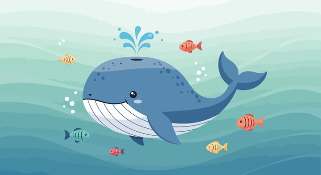 Friendly blue whale character spouting water from its blowhole.