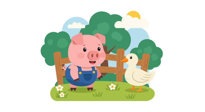 Cute cartoon pig in overalls and a white duck on a farm.
