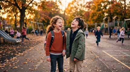 Obraz premium Two happy schoolgirls, laughing, playground background, autumn leaves, fall season, kids smiling