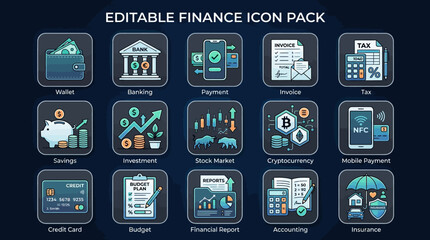 Fototapeta premium Editable Finance Icon Pack: Wallet, Banking, Payment, Tax, Savings, Investment, Crypto, Mobile Pay