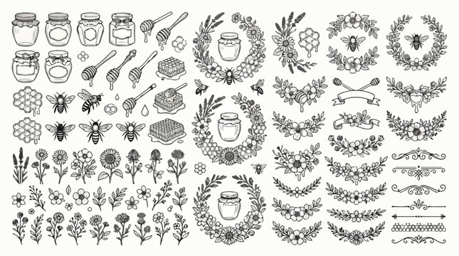 Vintage honey bee and floral vector set, hand drawn apiary icons with honey jars and wreaths, rustic bumblebee and flower line art collection