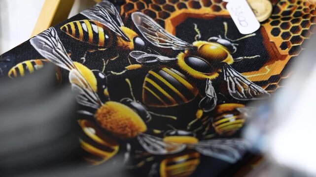 Detailed macro shot of a stylish black and yellow tie with a vibrant honeybee and hive pattern