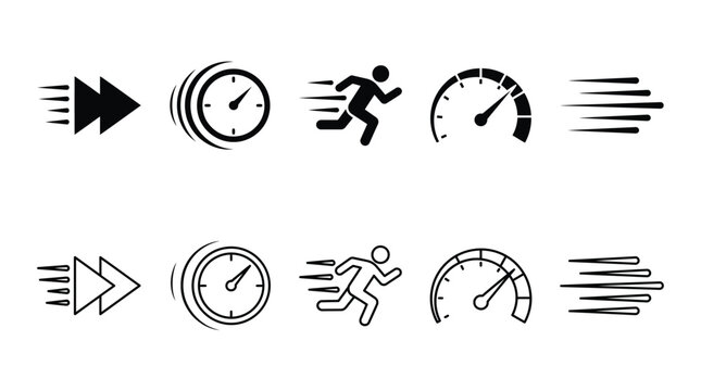 Minimalist vector speed icons set featuring fast forward, clock, running person, speedometer, and motion lines in filled and outlined styles for modern UI design