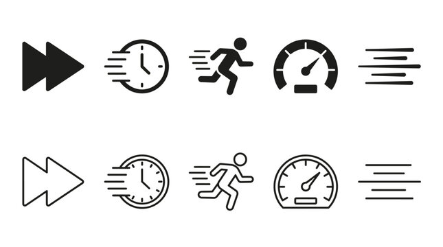 Minimalist vector speed icons set featuring fast forward, clock, running person, speedometer, and motion lines in filled and outlined styles for modern UI design