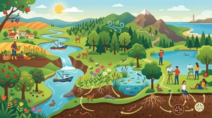 Obraz premium Colorful landscape with mountains river animals trees and people enjoying outdoor activities