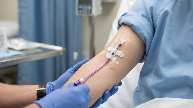 PICC line secured on an adult upper arm, ideal for nursing guides, hospital websites, brochures, and training.