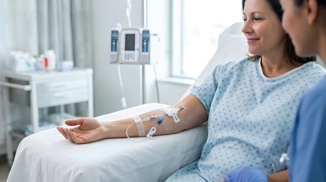 Adult patient with a PICC catheter on an examination bed, ideal for medical websites, brochures, and presentations.