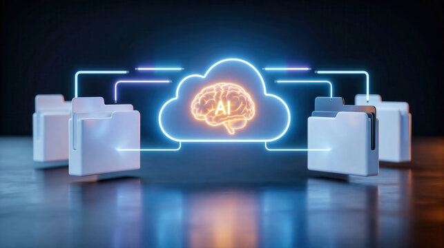 AI cloud storage network with glowing neural brain icon connecting multiple file folder devices, futuristic data exchange and intelligent backup