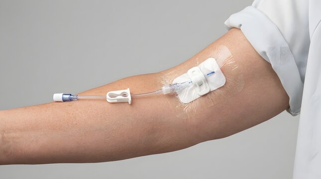 PICC catheter on an adult upper arm, ideal for clinical training, medical articles, posters, and websites.