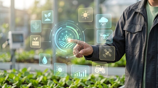 Farmer uses smart technology interface for precision agriculture in greenhouse