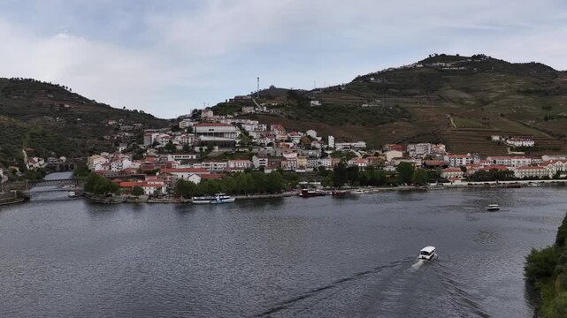 Scenic Drone Footage of Pinhao and Cruise Vessels in Douro Valley