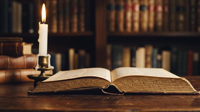 古い図書室の木製の机の上で一本の白いキャンドルの炎が灯る横で古い本のページが次々へと静かにめくれていく映像