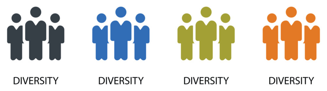 Corporate business diversity and inclusion solid icon set, group of diverse professional employee avatars in suits, corporate human resources teamwork division and workforce partnership vector.

