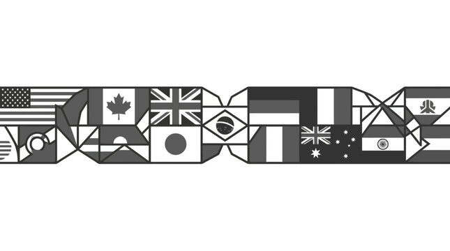 Horizontal monochrome banner featuring stylized world flags for global diversity