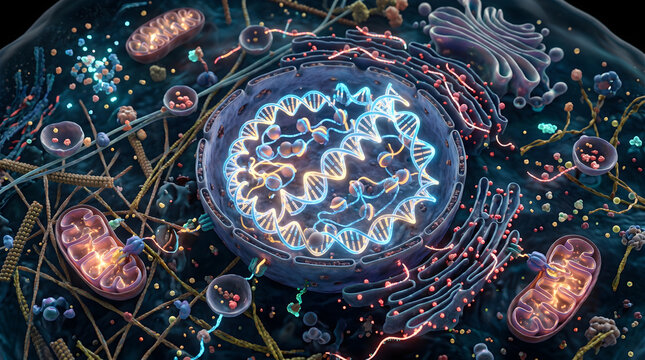 Detailed eukaryotic cell featuring glowing genetic material. Molecular DNA replication operating within the nucleus. Scientific background for antiaging cosmetic formulations.