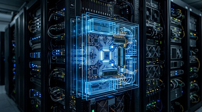 Close-up of a server rack with blue glowing lights.