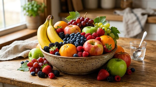 Abundant variety of fresh fruits in a ceramic bowl on wooden table