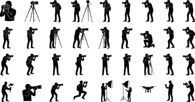 Photographer silhouette icons, camera operator taking photos, paparazzi people, video production, studio lighting equipment