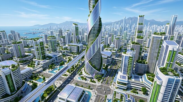 Futuristic sustainable city with green skyscrapers and monorail