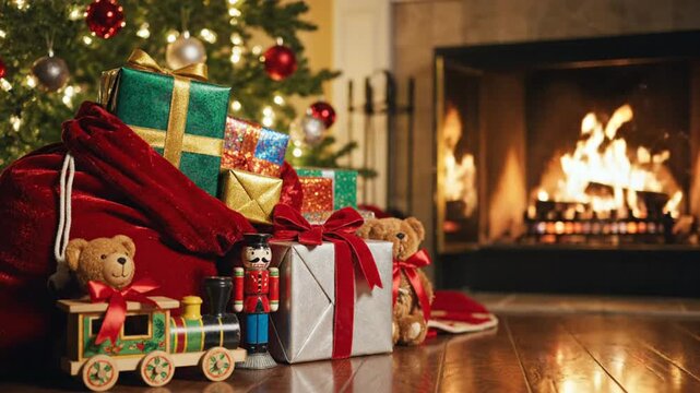 Cozy Christmas scene with decorated tree, gift-filled Santa bag, toys, and a warm fireplace glowing in the background