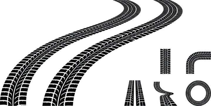 Tire tracks collection, black rubber wheel prints, off road vehicle trace, car skid marks