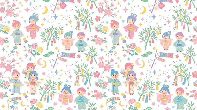 Seamless pattern with children celebrating japanese star festival