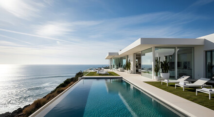Fototapeta premium Modern Luxury Villa with Infinity Pool Overlooking the Ocean at Sunny Day