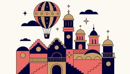 Flat vector illustration of a colorful hot air balloon flying over a stylized ancient palace city © noventianus