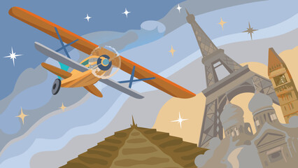 Flat vector illustration of a retro biplane flying over famous world landmarks and monuments © noventianus
